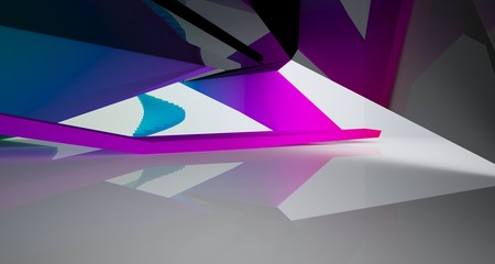 Abstract architectural white interior with color gradient and black of a minimalist house with large windows.. 3D illustration and rendering.