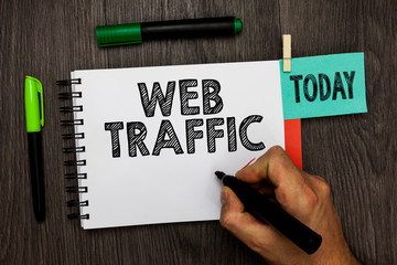 Conceptual hand writing showing Web Traffic. Business photo showcasing Amount of data sent and received by visitors to a website Man holding marker notebook reminder cup markers wood table