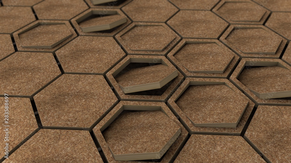 Poster 3d rendering of dozens of wooden hexagons in wooden frames. geometric shapes are placed in different