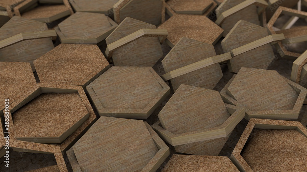 Poster 3d rendering of dozens of wooden hexagons in wooden frames. geometric shapes are placed in different