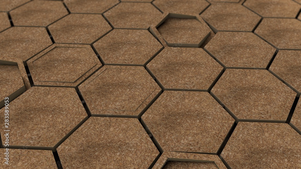 Poster 3d illustration of many wooden hexagons, honeycombs are located in different positions. background a