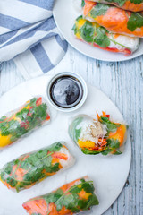 Spring Rolls on a White Plate with Sauce 