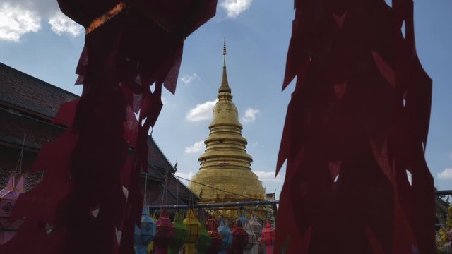 yi peng festival amazing tourism Thailand in Wat Pra That Hariphunchai decoration with colorful traditional lanna lantern, Lamphun province