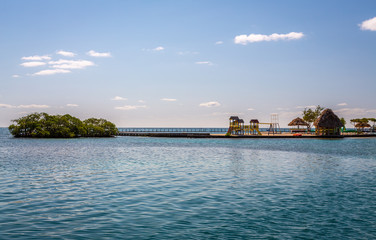 Diving Facilities in Belize Island. Small tropical island at Barrier Reef with paradise beach, known for diving, snorkeling and relaxing in the beach. Caribbean Sea, Belize, Central America.