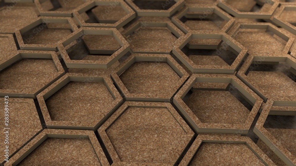 Poster 3d rendering of dozens of wooden hexagons in wooden frames. geometric shapes are placed in different