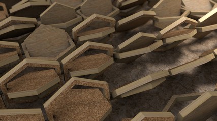 3D illustration of a set of wooden hexagons, unfolded along the axis. Background abstract image for desktop, Wallpaper, geometric composition of the same wooden products. 3D rendering