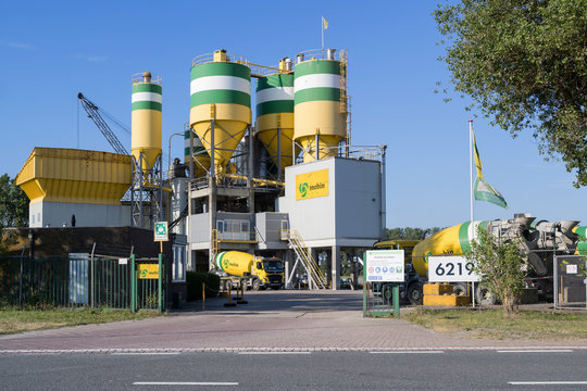 ROTTERDAM, THE NETHERLANDS - JULY 5, 2019: Mebin concrete plant. Mebin is a subsidiary of the HeidelbergCement Group, one of the largest producers of cement and ready-mixed concrete.