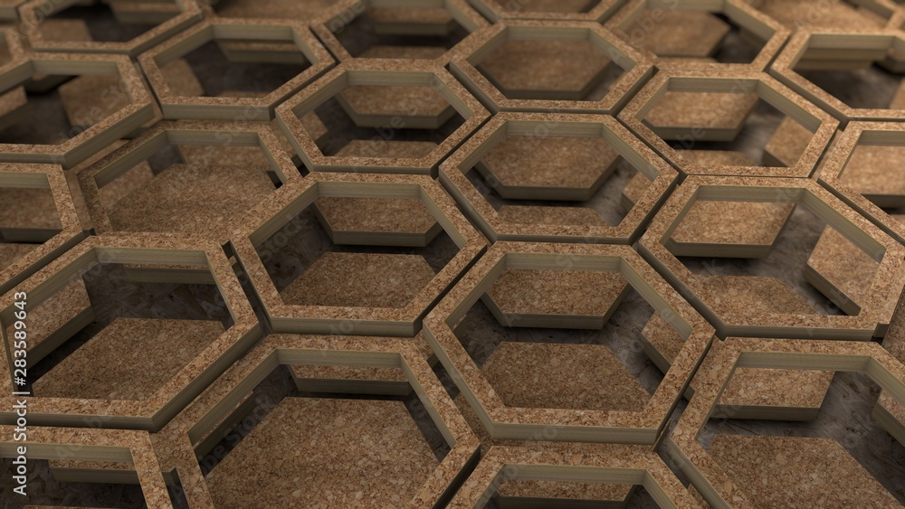 Poster 3d illustration of a set of wooden hexagons, unfolded along the axis. background abstract image for 
