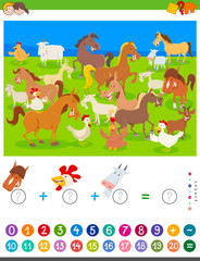 counting and adding game with cartoon farm animals