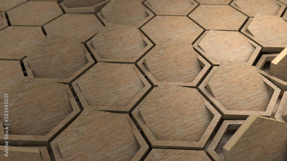 Poster 3d illustration of many wooden hexagons, honeycombs are located in different positions. background a