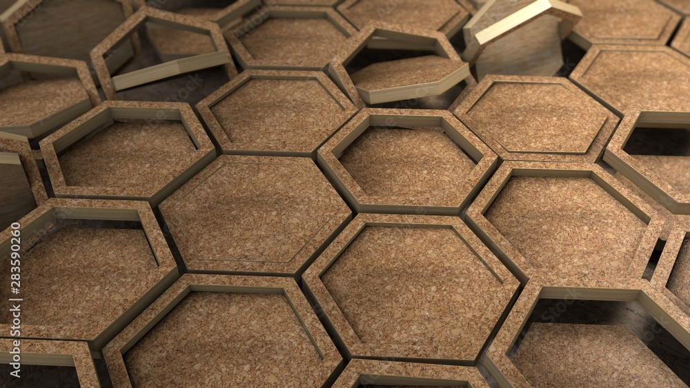 Poster 3d rendering of dozens of wooden hexagons in wooden frames. geometric shapes are placed in different