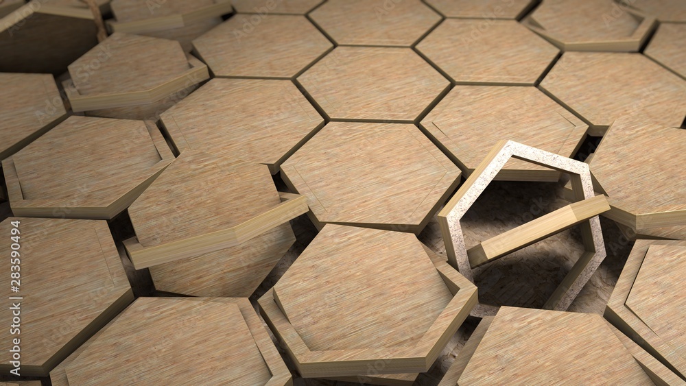 Poster 3d rendering of dozens of wooden hexagons in wooden frames. geometric shapes are placed in different
