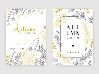 Gold color invitation with floral branches. Autumn cards templates for save the date, wedding invites, greeting cards