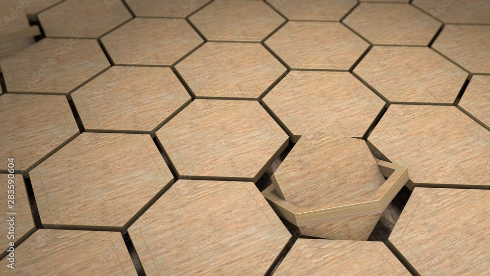 Poster 3d illustration of many wooden hexagons, honeycombs are located in different positions. background a