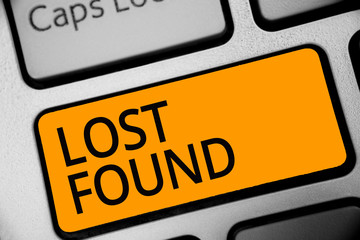 Conceptual hand writing showing Lost Found. Business photo showcasing Things that are left behind and may retrieve to the owner Keyboard orange key computer computing reflection document