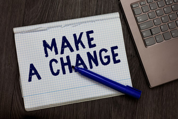 Conceptual hand writing showing Make A Change. Business photo text Create a Difference Alteration Have an Effect Metamorphose Open notebook squared page black marker computer wooden background