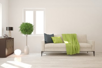 Stylish room in white color with sofa. Scandinavian interior design. 3D illustration