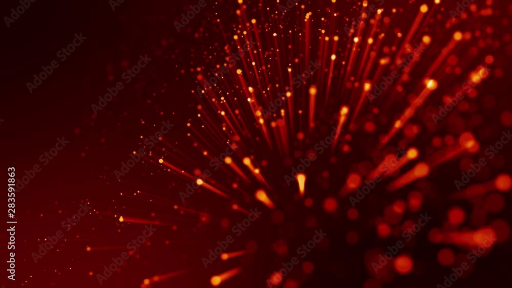 Poster 4k 3d animation of red yellow glowing particles float in viscous liquid and glisten with light rays.