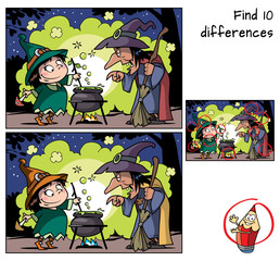 Old witch teaches little witch to make a magic potion. Find 10 differences. Educational matching game for children. Cartoon vector illustration