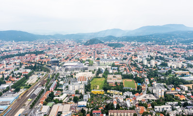 Fototapeta na wymiar City Graz aerial view with district Jakomini, east railway station