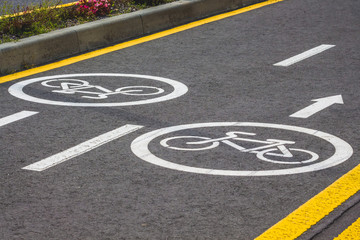 Bicycle asphalt track with markings in a modern European resort_