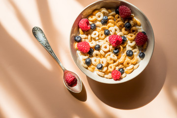 Tasty cornflakes with raspberries and blueberries on pastel background.Cornflakes with fresh fruits and yogurt served in a ceramic bowl. Concept for healthy nutrition. Tasty and healthy meal