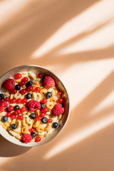 Tasty cornflakes with raspberries and blueberries on pastel background.Cornflakes with fresh fruits and yogurt served in a ceramic bowl. Concept for healthy nutrition. Tasty and healthy meal