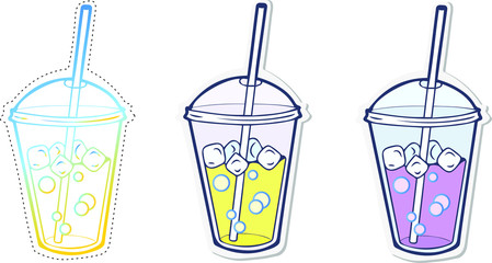 Gradient line drawing and sticker of cartoon lemonade, soda or fruit cocktail. Isolated vector illustration, icon on white background  for banner, brochure