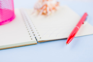 Red pen and seashell on notebook. Red pen on pastel background. Surreal business concept. Copy space