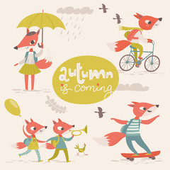 Naklejka premium Vector flat retro style autumn card with cartoon foxes.
