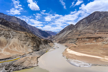 View of confluence of the Indus and Zanskar Rivers in Leh, Ladakh region, India