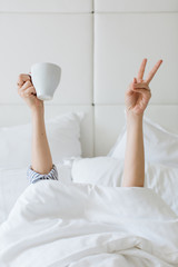 Woman under white bed sheets holding coffee. Morning in bed