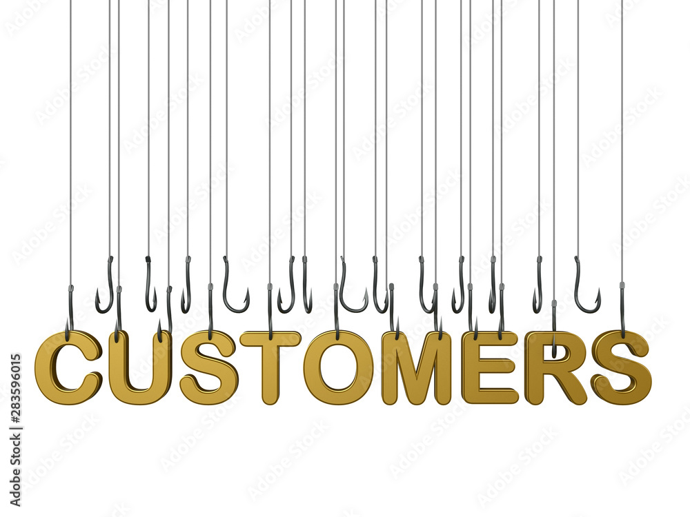 Poster 3d rendering - hooking golden customers concept