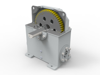 3D rendering - section of a worm gear reducer