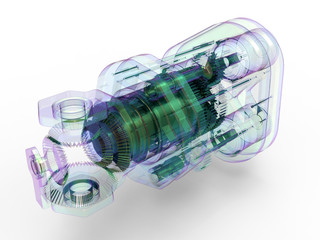 3D rendering - x-ray view of a mechanical assembly