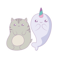 cute narwhal with cat baby animals kawaii style © djvstock
