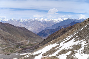 Karakoram mountain range view from Khardung la road in diskit, Ladakh region, India