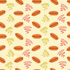 Seamless vector background of hot dog, ketchup and mustard on white background
