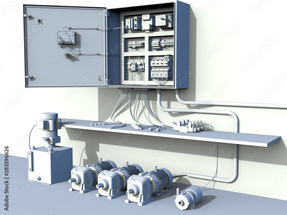 Poster 3D rendering - open electric panel with fuses and contractors