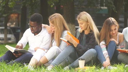 Group of young mixed-race diverse students sitting together on green lawn.
