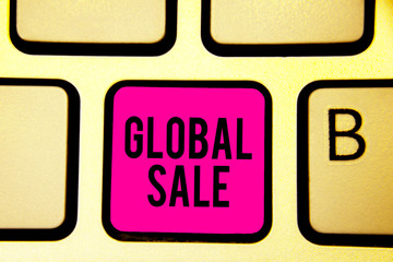 Handwriting text Global Sale. Concept meaning managers operations for companies do business internationally Keyboard pink key Intention create computer computing reflection document