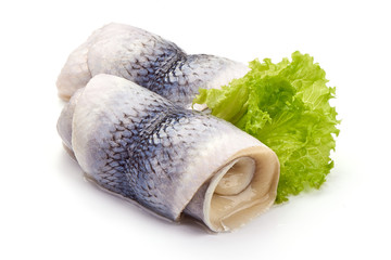 Salted herring rollmops, isolated on white background