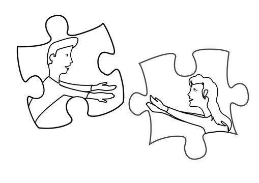 love puzzles. man and woman are drawn to each other. puzzles are joined together. love of man and woman. flat design, black line. vector image