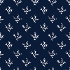 Dark background with little leaves. Floral seamless pattern. Simple wallpaper design. Modern repeating pattern.