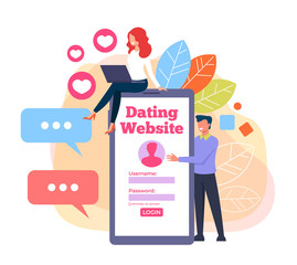 Two people couple communicate chatting by smartphone. Dating web site concept. Vector flat cartoon graphic design illustration
