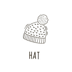 Vector pattern of warm autumn cap in the style of doodle. Linear illustrations by hand. Knitted hat