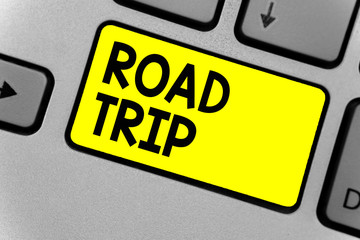 Writing note showing Road Trip. Business photo showcasing Roaming around places with no definite or exact target location Keyboard yellow key Intention computer computing reflection document