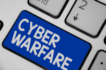 Writing note showing Cyber Warfare. Business photo showcasing Virtual War Hackers System Attacks...
