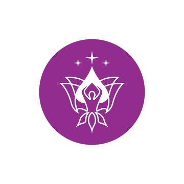 recommend clip art: Yoga logo design stock. Human meditation in lotus flower vector illustration in purple color