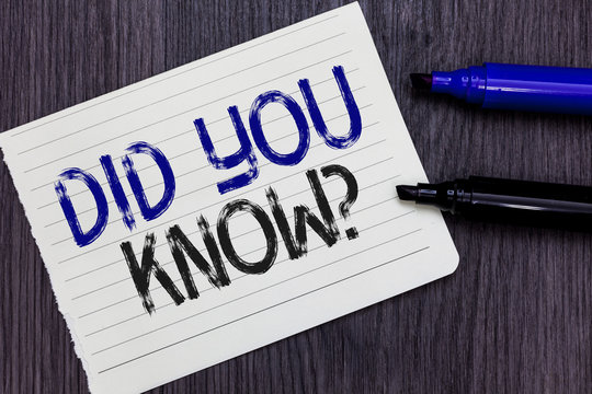 Writing note showing Did You Know question. Business photo showcasing Fun Facts and Figures Information General Knowledge Notebook Paper Reminder Communicating ideas Markers Wooden background